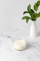 Jars candle with coconut or soy wax on table with vase of green leaves. White interior pfotography