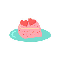Cake on a plate. Cake in the shape of a heart and decorated with two small hearts. It is isolated on white background in cartoon style
