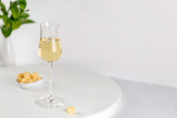 White wine in rich glass on a white round table with cheese and vase of greens. Minimalism. White photography