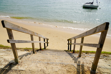 Coast access stairs patway fence to ocean beach atlantic coast Talmont vendee in France