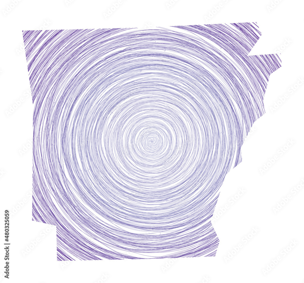 Poster arkansas map filled with concentric circles. sketch-style circles in the shape of the us state. vect