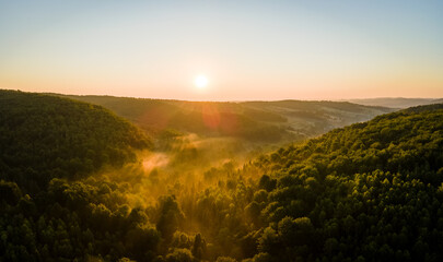 Aerial view of bright foggy morning over dark forest trees at warm summer sunrise. Beautiful scenery of wild woodland at dawn
