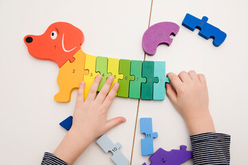 Wooden number puzzle. Implement for children to develop fine motoric skills, logical thinking through play. Toy to learn counting and stimulate imagination, creativity, hand - eye coordination.