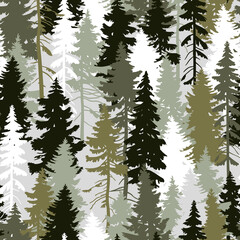 Seamless vector pattern with pine tree silhouettes on light grey background. Perfect for textile, wallpaper or print design. 
