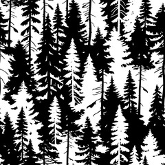 Seamless vector pattern with black and white pine tree silhouettes. Perfect for textile, wallpaper or print design. 