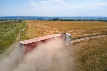 Aerial view of lorry cargo truck driving on dirt road between agricultural wheat fields....
