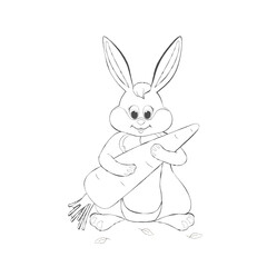 A linear drawing Easter bunny holding a large carrot, Vector illustration..