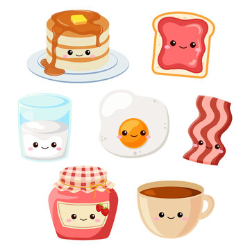 Cute breakfast food and beverage clipart. Flat vector cartoon design