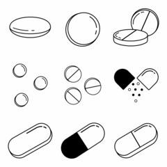 Set of vector pills and capsules isometric icon. Painkillers, ampoules, antibiotics, vitamins and aspirin. Medical pills icon isolated on white background. Vector  in outline and linear style