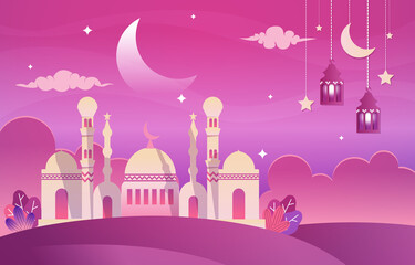 Fototapeta premium Beautiful Night Eid Mubarak Ramadan Kareem Islamic Celebration Illustration