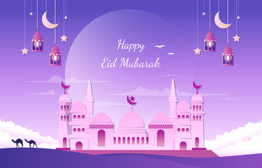 Arabian Happy Eid Mubarak Muslim Islamic Celebration Vector Illustration