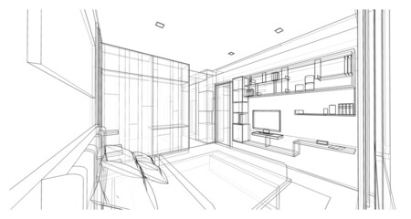 Interior design, modern bedroom sketch