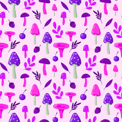 Violet, very peri, pink autumn leaves and mushrooms seamless pattern. Hand drawn in cartoon style mushrooms on pink background repeat print.