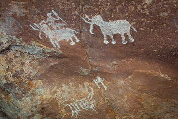 Bhimbetka Rock Shelters, Raisen, Madhya Pradesh, India. Declared a UNESCO World Heritage site in 2003, the shelters contain ancient rock art from the Upper Paleolithic to Medieval times.