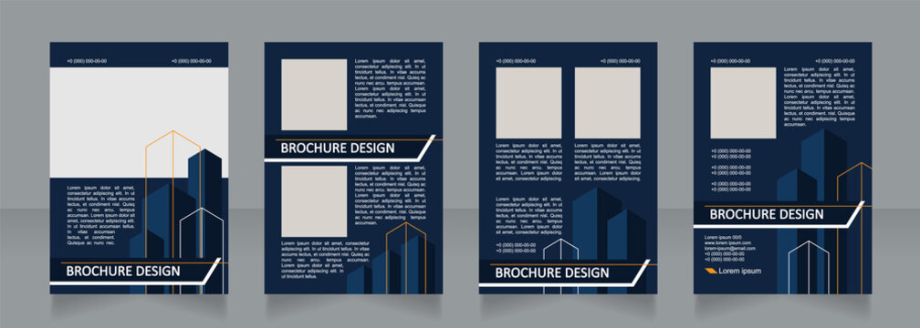 Corporate real estate dark navy blank brochure design. Template set with copy space for text. Premade corporate reports collection. Editable 4 paper pages. Calibri, Arial fonts used