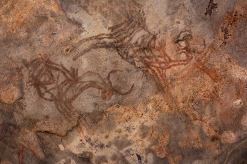 Bhimbetka Rock Shelters, Raisen, Madhya Pradesh, India. Declared a UNESCO World Heritage site in 2003, the shelters contain ancient rock art from the Upper Paleolithic to Medieval times.
