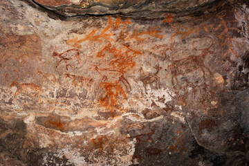 Bhimbetka Rock Shelters, Raisen, Madhya Pradesh, India. Declared a UNESCO World Heritage site in 2003, the shelters contain ancient rock art from the Upper Paleolithic to Medieval times.