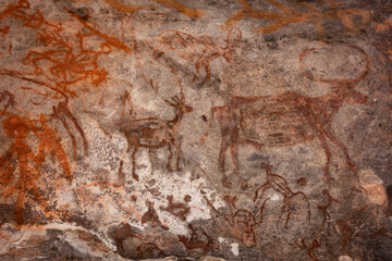 Bhimbetka Rock Shelters, Raisen, Madhya Pradesh, India. Declared a UNESCO World Heritage site in 2003, the shelters contain ancient rock art from the Upper Paleolithic to Medieval times.