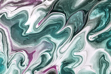 Abstract fluid art background green and white colors. Liquid marble. Acrylic painting with purple gradient.