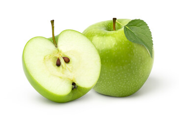 Fresh green apple fruit and halves with leaves isolated on white background..