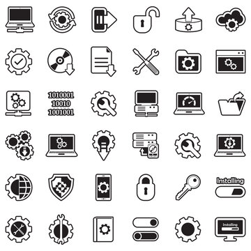 Setup, Installation And Configuration Icons. Line With Fill Design. Vector Illustration.