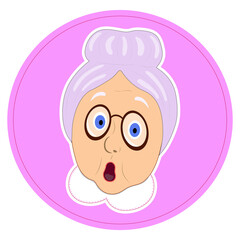 Grandmother with glasses, the emotion of surprise, the image of a pensioner. Active old age.  flat illustration