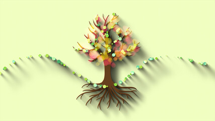 Tree of life with roots and flying leaves with long shadow as spring abstract ecology flat environment background decoration