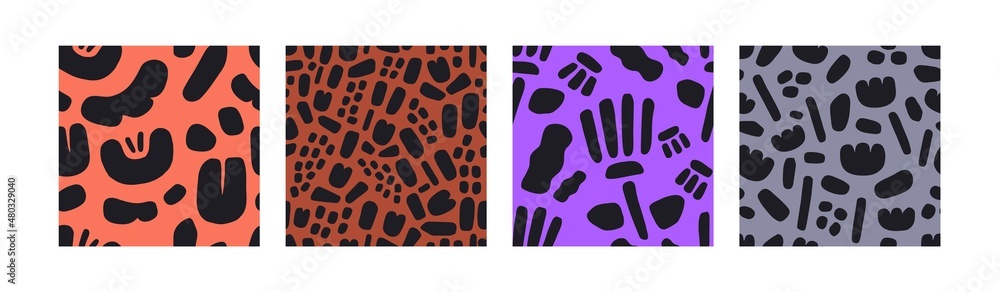 Poster Seamless patterns with abstract shapes in 90s style. Retro fashion background designs. Bright endless repeating prints set. Trendy textures. Colored flat vector illustration for wrapping and textile