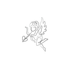 Angel continuous line drawing, small tattoo, print for clothes, t-shirt, emblem or logo design, Valentine's Day, greeting card, hand drawn vector illustration. Continuous line drawing.