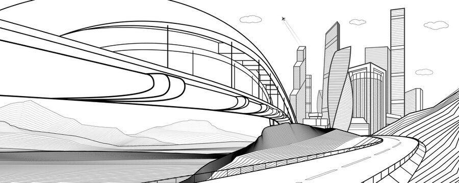 City infrastructure industrial and cityscape illustration. Bridge over river. Automobile road in mountains. Black outlines on white background. Vector design art