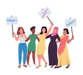 Women with equality message placards semi flat color vector characters. Active figures. Full body people on white. Feminism isolated modern cartoon style illustration for graphic design and animation