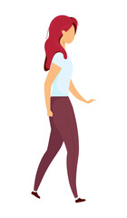 Woman walking semi flat color vector character. Moving figure. Full body person on white. Outdoor relaxation isolated modern cartoon style illustration for graphic design and animation