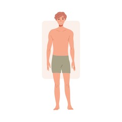 Fototapeta premium Man with rectangle body shape. Male portrait with rectangular figure type. Slim slender person in trunks with straight proportion, physique. Flat vector illustration isolated on white background