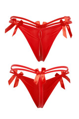 Detail shot of red erotic string panties with bows, thin straps and a cutout in the intimate area....