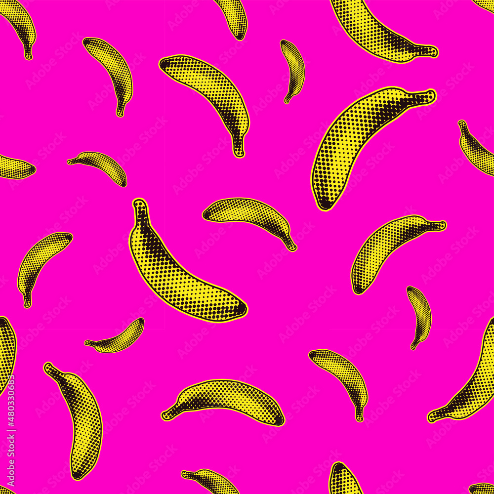 Poster seamless vector pop art pattern of dot halftone yellow bananas randomly scattered on deep pink backg