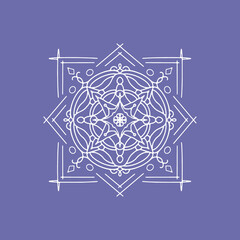 Line ornament mandala. Doodle print isolated on violet background. Geometric line element. Vector illustration.