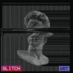 Vector glitch deformed classical head sculpture on dark background background in the style of old tv monitors oscilloscope line design.
