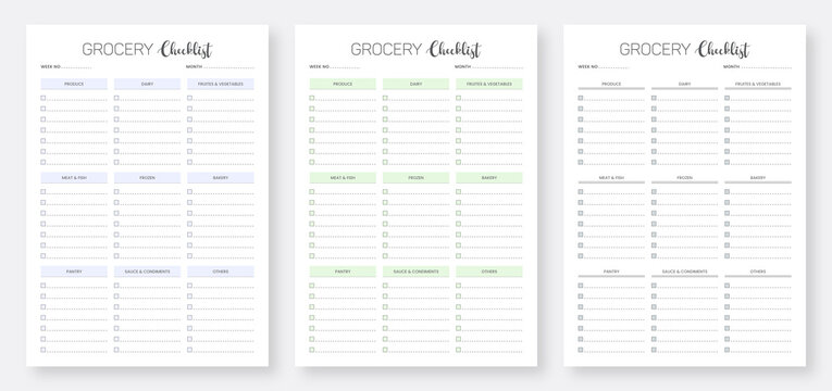 Minimalist Grocery List Planner Pages Design Template Set. Grocery List Planner Printable Template. 3 Set of Grocery List Planner design.