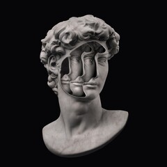 Abstract concept grayscale illustration from 3d rendering of hollow face classical marble bust head with echoed faces inside hollow hole.