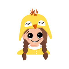 Avatar of girl with big eyes and wide happy smile in cute yellow chicken hat. Head of child with joyful face for holiday Easter, New Year or costume for party. Vector flat illustration