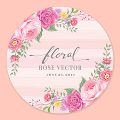 Beautiful Rose Flower and botanical leaf on wood label circle digital painted illustration for love wedding valentines day or arrangement invitation design greeting card