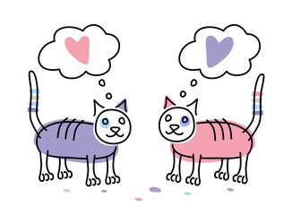 Loving cats. Two cute cats on a white background. Funny vector illustration on the theme of Valentine's Day.
