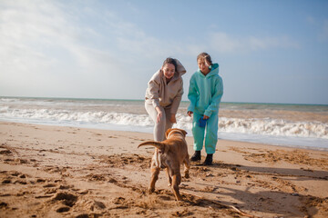 happy family have fun with dog in the sand beach against the ocean