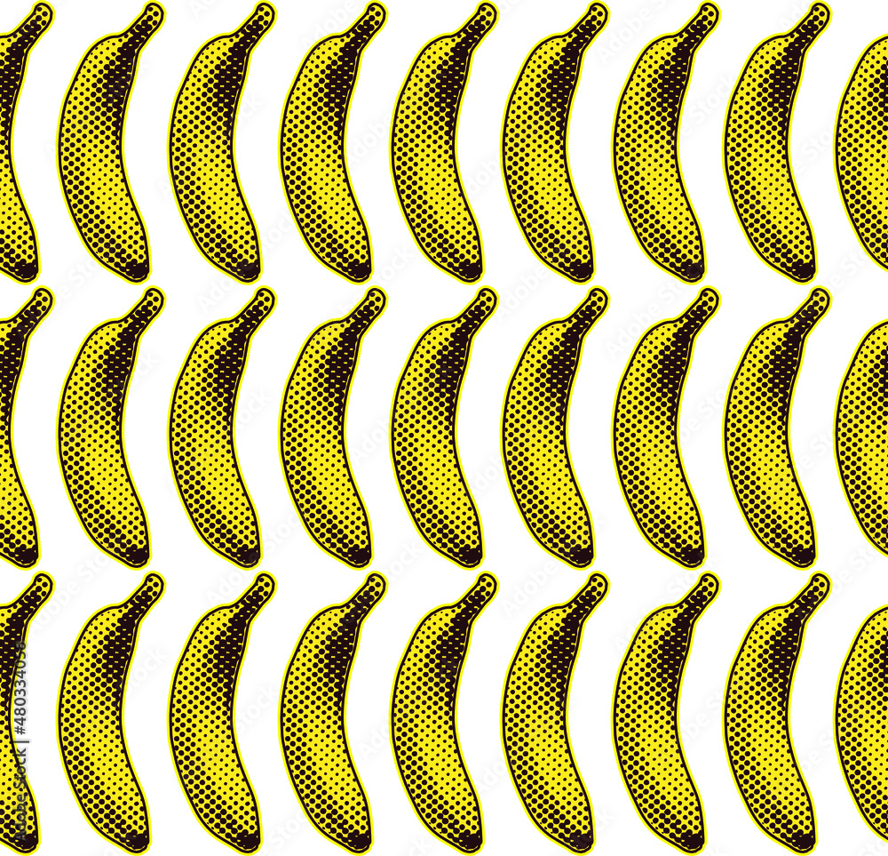Aufkleber seamless vector pop art pattern of dot halftone yellow bananas in ordered lines on white background.