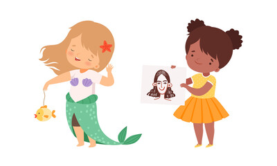 Little Girl Showing Paper with Drawing and Handcrafted Mermaid Costume Vector Illustration Set