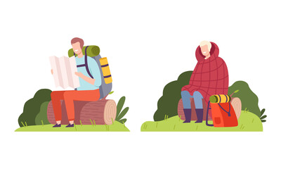 Young Man with Backpack Camping Sitting on Log with Map Vector Illustration Set