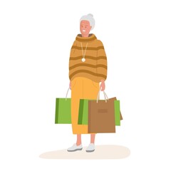 Senior woman carries Shopping Packages. Mature Cartoon character after successful shoping. Elderly lady with colorful shopping bags in hands. Hand drawn Vector illustration on white background