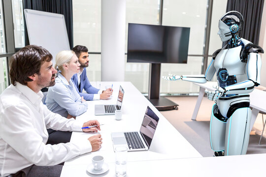 Business meeting with a humanoid robot