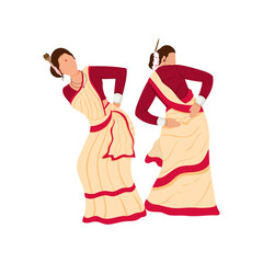 Cartoon Assamese Women Doing Bihu Or Folk Dance On White Background. - obrazy, fototapety, plakaty