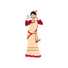 Cartoon Young Lady Playing Gogona Instrument In Assamese Traditional Costume.